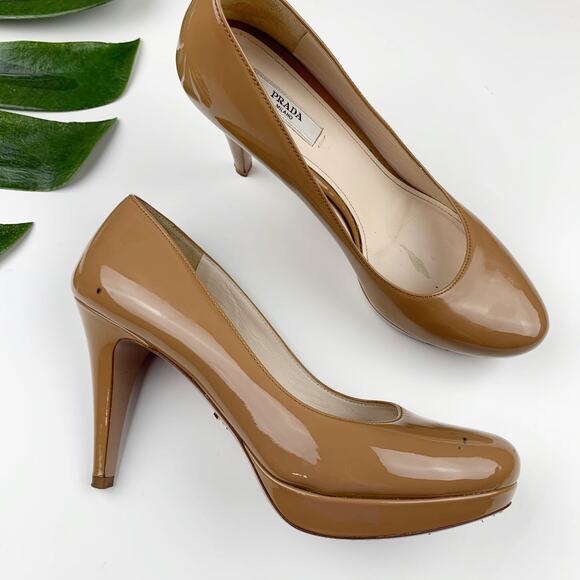 Prada Milano Pumps Platform Tan Patent Leather Heels Italy Women's 37 US 7 - Picture 1 of 16
